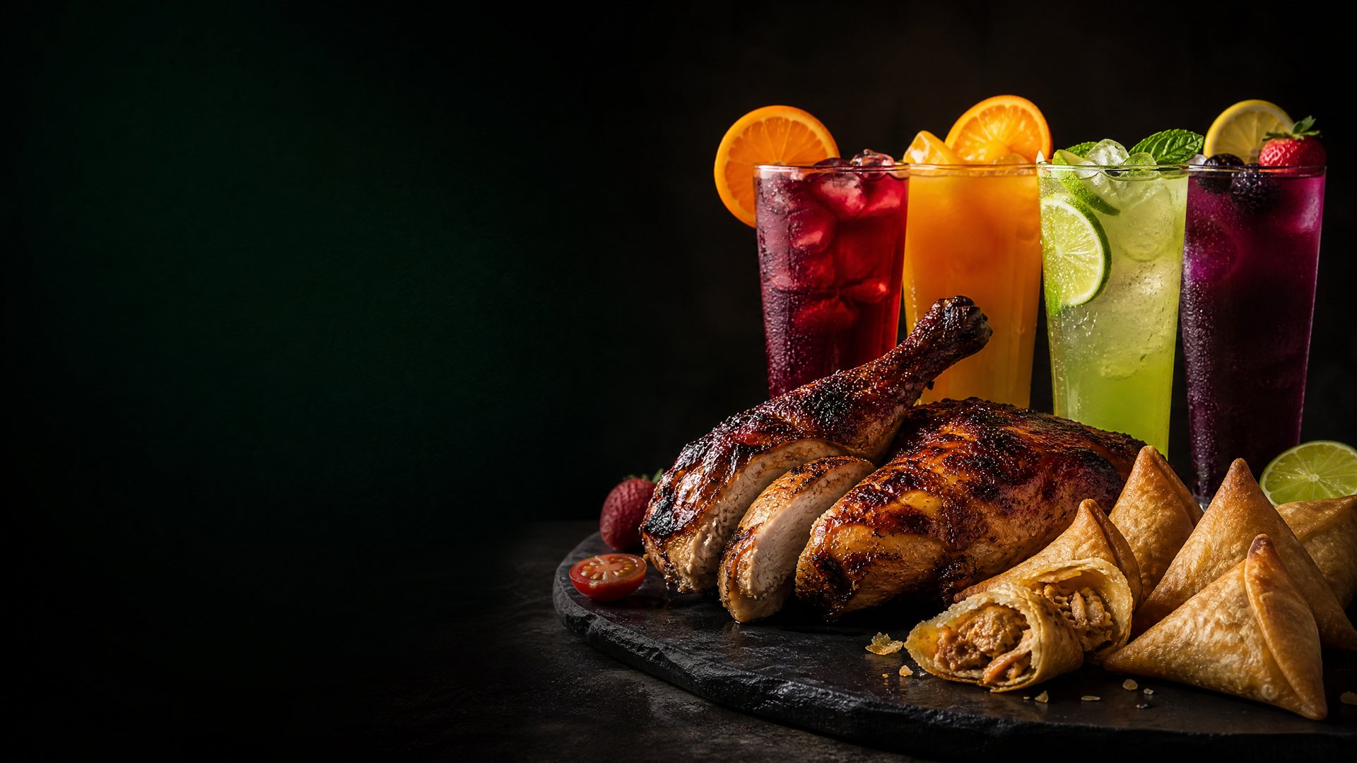 Char-grilled chicken, colorful fruit drinks, and chicken samosas on a dark studio table
